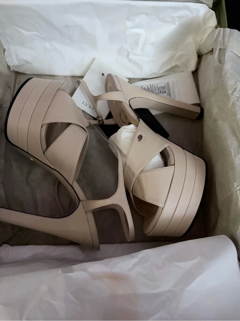 Gucci Beige Platform Sandals with High Block Heel